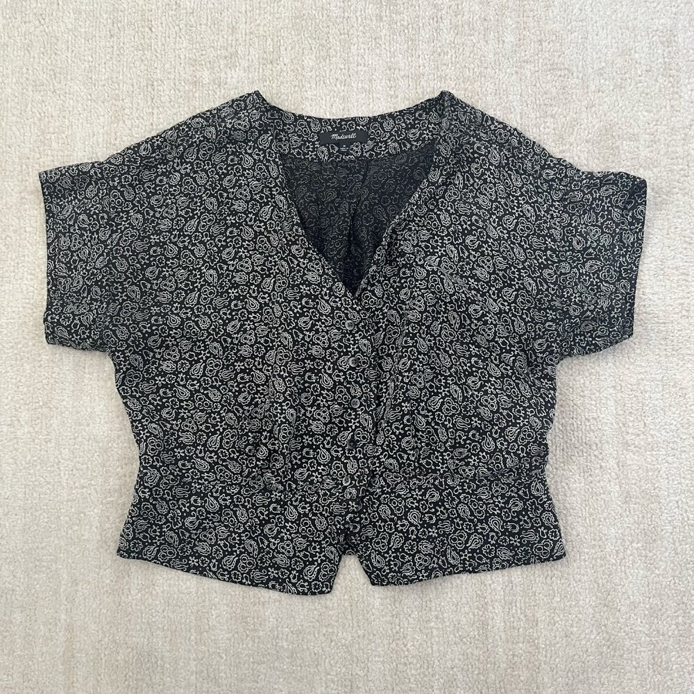 Madewell Pleated Boho Floral Short Sleeve Button Up Blouse Top M